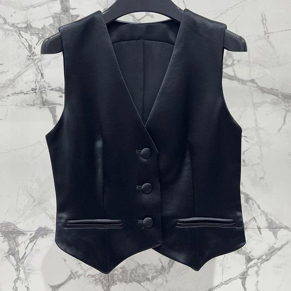 Gilets pour femmes Femme Simple Acide Acétique Noir Gilet Mode Simple Boutonnage Col En V Sans Manches Débardeurs Sexy Femmes Haut De Gamme Y2K Vêtements