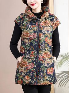 Gilets imprimé Floral pour femmes, veste d'automne et d'hiver, vêtements d'extérieur, manteaux sans manches, fermeture éclair, gilet Long, manteau sans manches pour femmes