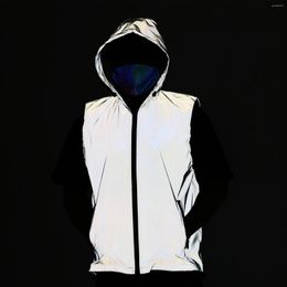 Gilets pour femmes lueur Hip Hop sans manches mince manteau gris veste réfléchissante pour les femmes à capuche fermeture éclair décontracté court gilet avec poches