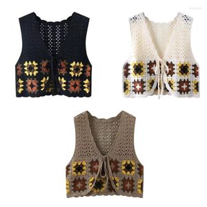 Gilets pour femmes H9ED Femmes Japonais Tricot Crochet Plaid V-Neck Gilet Gilet Cropped Cardigan Hippie Sans Manches À Lacets Pour Débardeur Outerwe