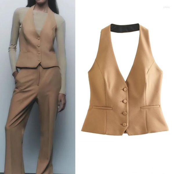 Chalecos de mujer Halter para mujeres 2023 Vintage Single Breasted Chaquetas sin mangas Abrigo Sexy con cuello en V Chaleco sin espalda Tops de verano Conjuntos