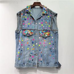 Chalecos de mujer Trabajo pesado Diamantes multicolores Chaleco de mezclilla Mujeres sueltas Mid Long Cowboy Chaleco Vintage Coreano Sin mangas Jeans Chaqueta Mujer