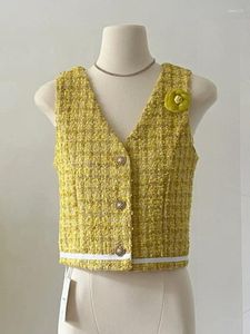 Gilets pour femmes High Street Mode française Petit gilet en tweed parfumé Jackats pour femmes 2024 Été coréen Chic jaune manteau court vêtements d'extérieur