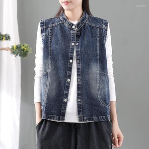 Damesvesten IDOPY VROUWEN VROUWEN Klassieke motorfiets Biker denim vest vintage stand kraag mouwloze jas Jean Waistcoat