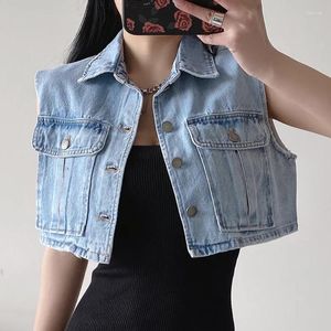 Gilets pour femmes Ins rétro Baggy minceur Style court Denim femme été revers simple boutonnage sans manches gilet petit manteau