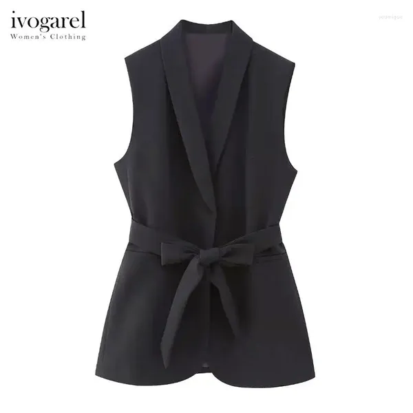 Gilets pour femmes Ivogarel Gilet de smoking ceinturé sans manches avec col châle noir élégant bureau de déplacement de femme gilet long traff 2024