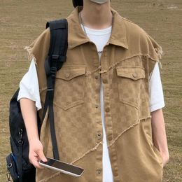 Gilets pour femmes Japonais multi-poches motif damier Denim gilet hommes été outillage casual lâche haute rue vestes vêtements masculins