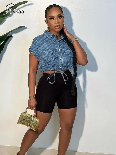 Gilets pour femmes Joskaa Blue Denim Cargo Vest Veste Femmes Hipster Revers Sans Manches Bouton Up Cordon Crop Top 2023 Mode Outwear
