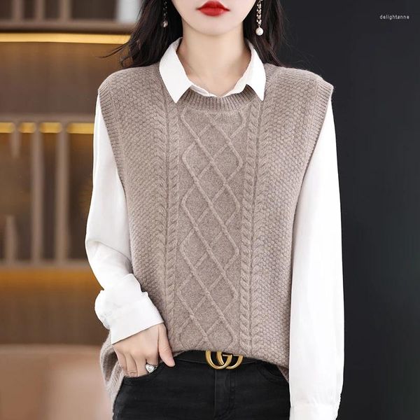 Chalecos de mujer Chaleco de lana de punto Simple y versátil Cuello redondo Color sólido Suéter de punto sin mangas informal suave de alta calidad