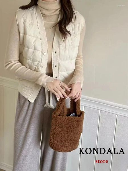 Gilets pour femmes KONDALA Casual Coréen Beige Gilets Femmes Col V Rembourré Coton Vestes Sans Manches Mode 2023 Automne Hiver Élégant