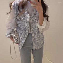 Damesvesten Korea Chic Herfst Tweed Vestjas Retro Temperament Mode Mouwloos Single Breasted Casual Kleding