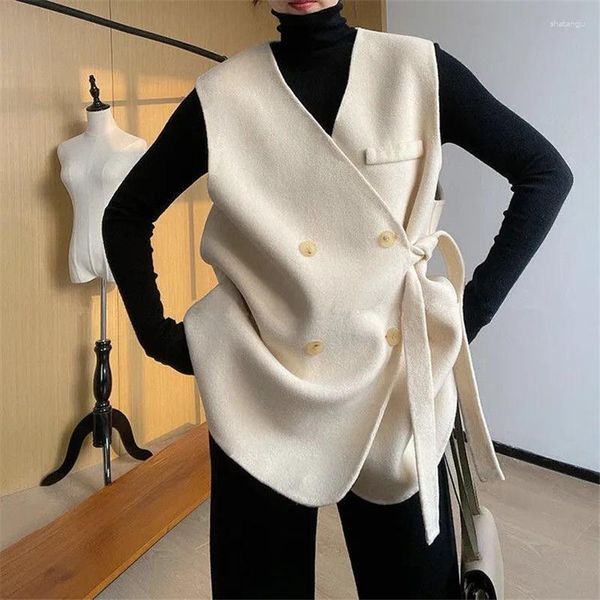 Gilets pour femmes coréen 2023 ceinture décontractée gilet de laine femmes printemps hiver tissu col en v mince avec chic rétro mode