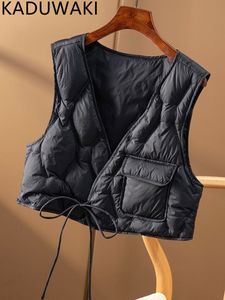 Vrouwen vesten Koreaans omlaag katoenen vest jas dames v nek veter mouwloze losse casual vintage lichte jas herfst winter 2023 tops 230223