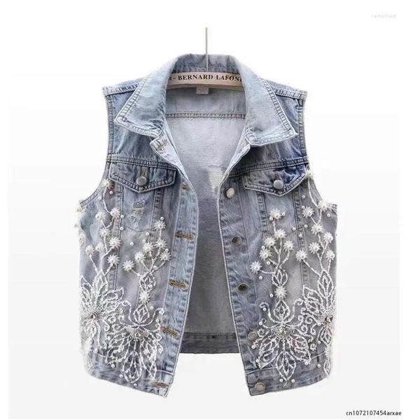 Gilets pour femmes Style coréen dentelle perlée Denim gilet gilet mode Cardigan sans manches haut court ample surdimensionné déchiré