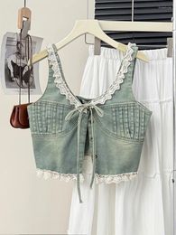 Damesvesten Koreaanse stijlriem Denim Tanktops Women Lace Patchwork Rapel Rapel Single Mouwess Skinny Chic Cowboy Vest