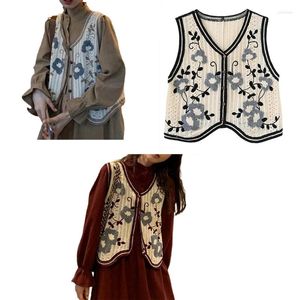 Vêtes pour femmes coréennes Crochet Crop top top gilet Retro Floral broderie Sans manches Cardigan pour la veste Button Hippie Waist N7ye