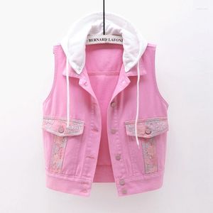 Gilets pour femmes Dentelle Broderie Grande Poche À Capuche Denim Gilet Femmes Mince Court Cowboy Gilet De Mode Blanc Rose Sans Manches Jeans Veste