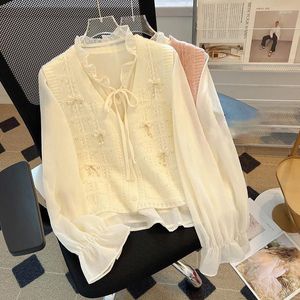 Damesvesten Lace Up Ruches Kraag Chiffon Blouses Voor Vrouwen Lente Strik V-hals Gebreide Trui Vest Pakken Franse Zoete Tweedelige Set