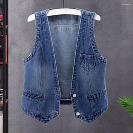 Chalecos De Mujer Chaleco De Mezclilla para Mujer Sin Mangas Abrigo con Cuello En V Suelto Chaqueta De Costura Firme Vintage Hip Hop Streetwear Lady Otoño Primavera Chaleco