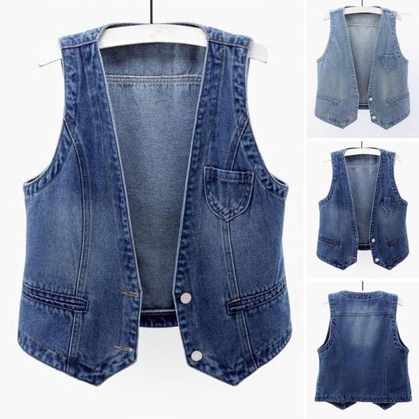 Gilets pour Femmes Dames Denim Gilet sans Manches Lâche col en V Double Boutons Vintage Couture Ferme Hip Hop Streetwear Dame Automne Printemps Gilet