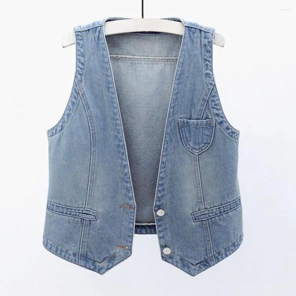 Gilets pour femmes dames Denim gilet Vintage coupe ample col en v Double boutons Hop Streetwear pour les femmes automne/printemps gilet court