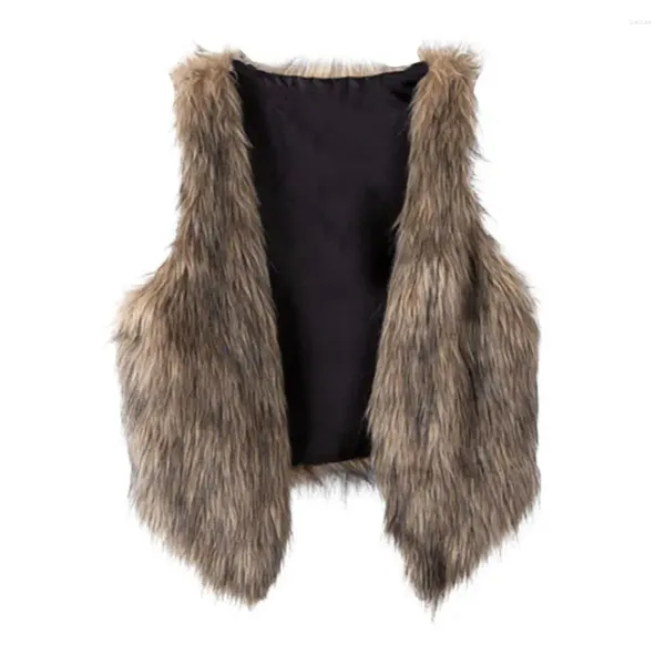 Chalecos de mujer Chaleco de mujer Elegante piel de cuero sintético para mujer Cuello en V Chaleco de puntada abierta Ropa exterior con cárdigan de invierno esponjoso grueso