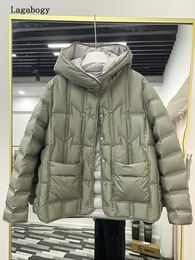 Gilets Femmes Lagabogy 2023 Hiver Femmes 90 Blanc Canard Vers Le Bas Manteau Femme Col Montant Simple Boutonnage Veste Casual Lâche À Capuchon Parkas 231207