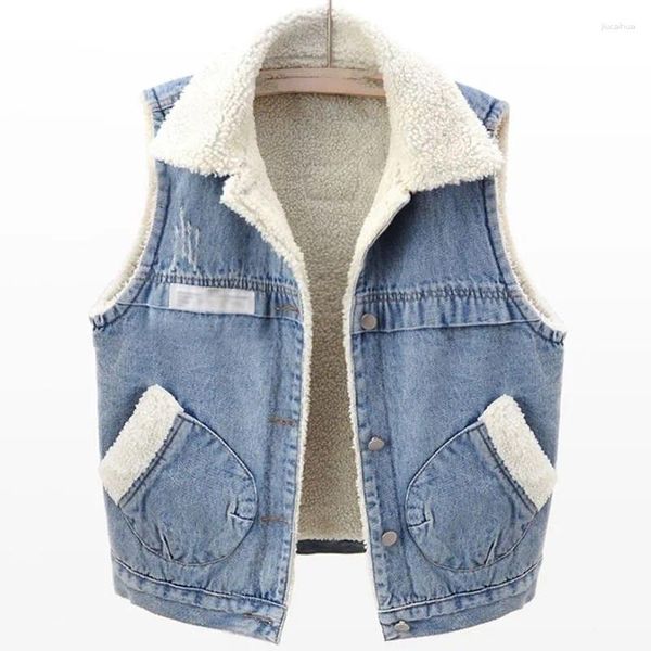 Gilets pour femmes agneau cheveux peluche épaissir épissé denim mode élégant lâche décontracté femmes veste chaude hiver femme coréenne manteau sans manches