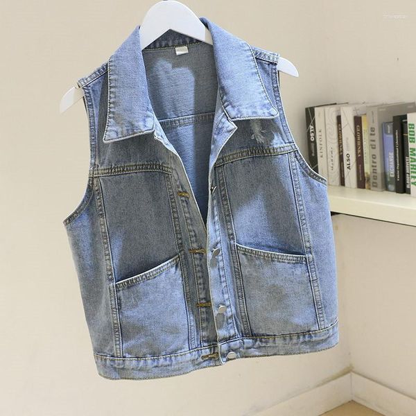 Gilets pour femmes bleu clair Denim gilet femmes gilet printemps coréen grande poche Cowboy sans manches veste femme ample court jean effiloché