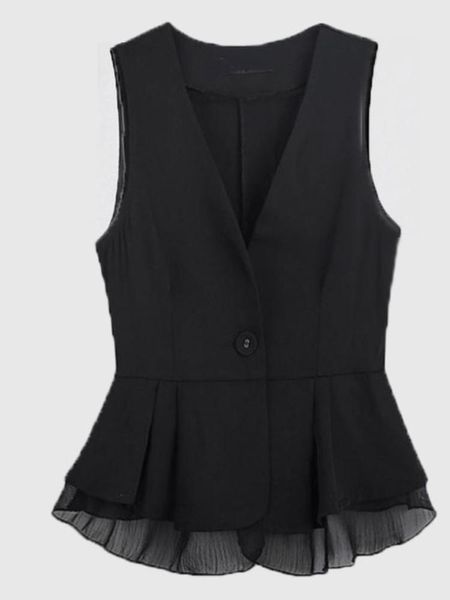 Gilets pour femmes léger noir en mousseline de soie Patchwork femmes gilet automne col en v volants sans manches élégant bureau dame vêtements d'extérieur manteaux hauts