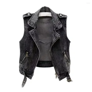 Gilets féminins Veacte léger vilant denim vintage avec poches à fermeture éclair pour le gilet de streetwear à revers et style houblon de taille