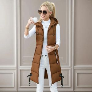 Gilets pour femmes longs avec capuche gilet d'extérieur automne et hiver poches zippées veste sans manches ajustée manteau matelassé mi-long pour les femmes