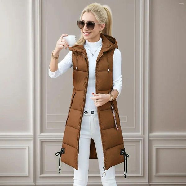 Gilets pour femmes longs avec capuche gilet d'extérieur automne et hiver poches zippées veste sans manches ajustée manteau matelassé mi-long pour les femmes