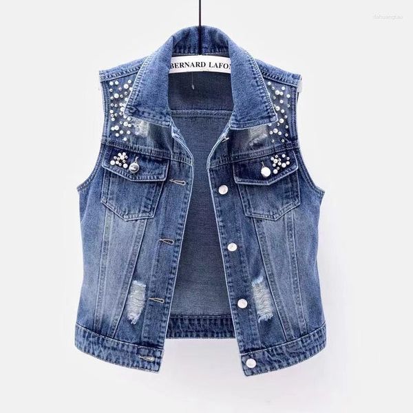 Chalecos de mujer Perlas de lujo Moda Denim rasgado Chaleco de mujer Otoño Tallas grandes Jeans Chaqueta Sin mangas Abrigo corto suelto Chaleco causal