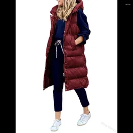 Gilets pour femmes mi-long coton gilet à capuche veste bouton poche monochromatique ample automne et hiver