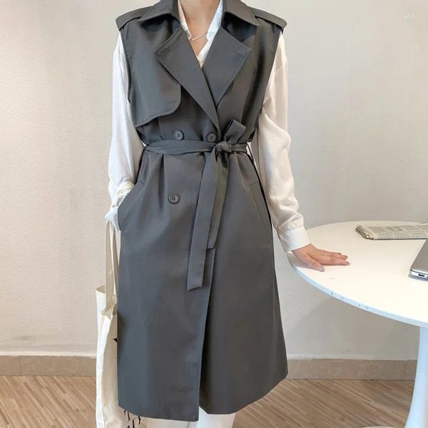 Chalecos de mujer de longitud media para mujer, gabardina gris, chaleco con fajas, primavera otoño 2024, chaleco sin mangas con solapa de doble botonadura para mujer coreana