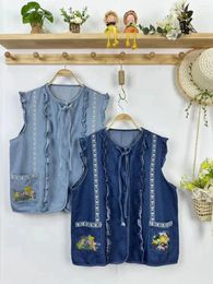 Gilet pour femmes Mori Kei Vintage Broidered Denim Gite pour les femmes SEMPUT SEVUE SEVEDGE Cardigan Boho Jean