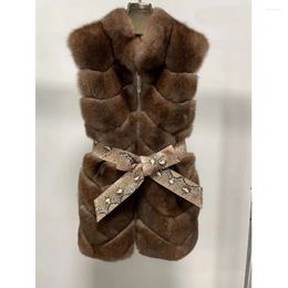 Gilets pour femmes Gilet de fourrure naturelle Python Crocodile motif ceinture en cuir de mouton gilet 2024 marron belle fourrure hiver chaud mince gilet