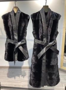 Damesvesten Natuurlijk vest Schaapleer Python Patroonriem Waastcoat 2023 Herfst Winter Warm Warm Mouwloze jas Lengte 100 cm