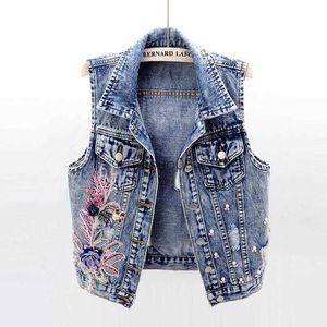 Damesvesten Nieuwe mode denim Vest vrouwen lente herfst patch bloemen pailletten kralen mouwloze waistcoat student top Jean short jackets KW450 hkd230812