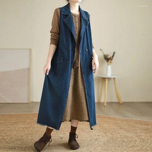 Damesvesten NINI WONDERLAND 2023 Herfst Katoen Denim Single Breasted Lang Vest Jas Mouwloos Casual Vest V-hals Bovenkleding