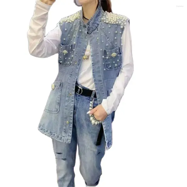 Versons pour femmes Pearl Femmes en jean Réservateur de gilet de mode coréen Cardigan Sans manche