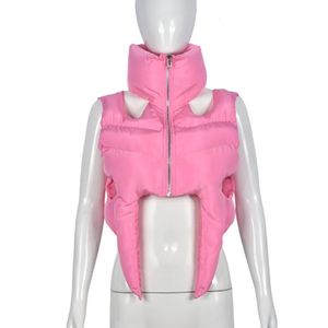 Gilets pour femmes rose sexy découpé veste bouffante courte 2023 automne hiver gilet sans manches irrégulier Y2K col roulé matelassé manteaux à bulles 231110