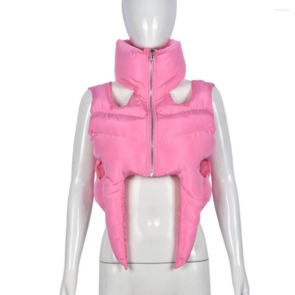 Gilets pour femmes Rose Sexy Cut Out Cropped Puffer Vestes Femmes 2023 Automne Hiver Irrégulière Gilet sans manches Y2K Col roulé matelassé bulle