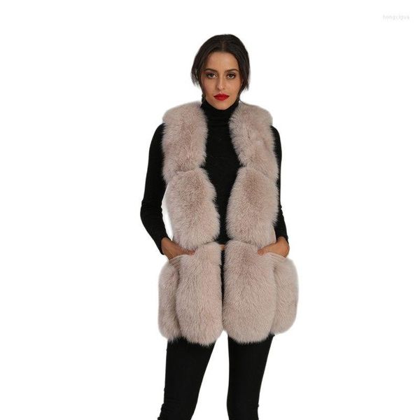 Gilets pour femmes Rose Veat Pour Femmes Long Style Casual Et Bien Manteau Veste Sans Manches Véritable Fourrure À L'extérieur Avec Poches À L'avant