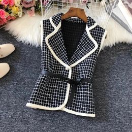 Chalecos de mujer a cuadros vintage cuello vuelto con cinturón chaleco sin mangas chaqueta suelta abrigo chaquetas de moda coreana para mujeres invierno 2023