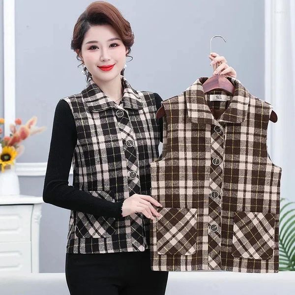 Gilets pour femmes Plaid laine gilet manteau femmes printemps automne veste sans manches mère d'âge moyen style occidental mode gilet hauts femme