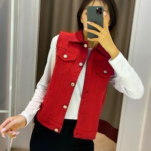 Damesvesten Grote maten rood vest Dames spijkerjack Koreaanse mode Single-Breasted korte lente mouwloos denim vest