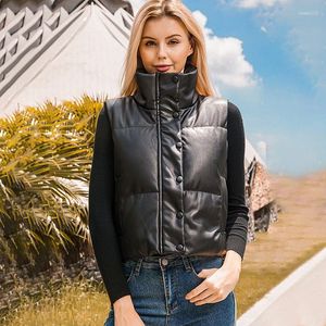 Vestes pour femmes Pu coton veste pour femmes épais chaud col montant sans manches solide zip-up rembourré gilet femme printemps automne cuir manteau 2023