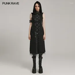 Damesvesten PUNK RAVE Vervallen gewassen denim lang vest Knap trekkoord Casual zwarte jas Dameskleding